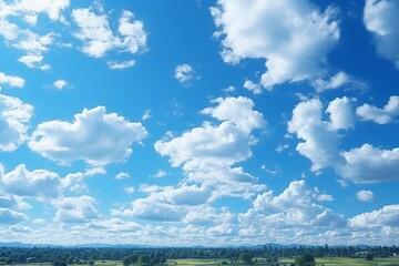 a large green field with trees and blue sky with clouds