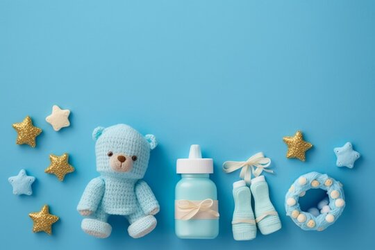 Baby accessories concept. Top view photo of giftbox knitted booties teddy-bear toy pacifier milk bottle and gold stars on isolated pastel blue background with, Generative AI