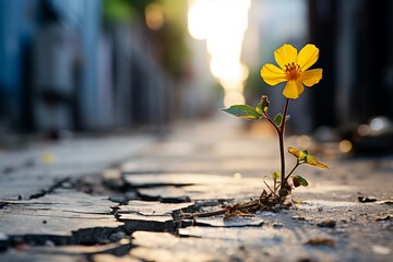 a yellow flower growing through a crack - Powered by Adobe