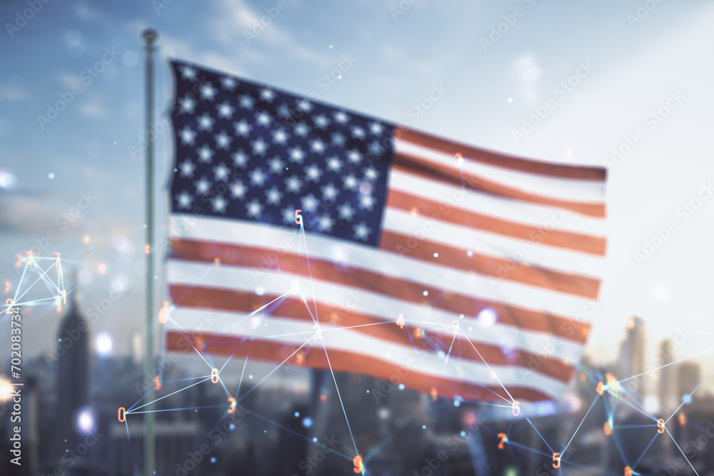 Poster abstract virtual wireless technology hologram on usa flag and blurry skyscrapers background, artific
