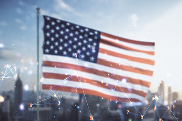 Abstract virtual wireless technology hologram on USA flag and blurry skyscrapers background,...