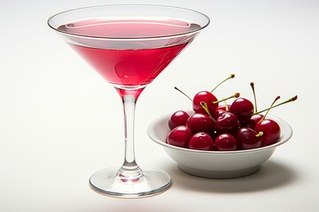 a glass of red liquid next to a bowl of cherries