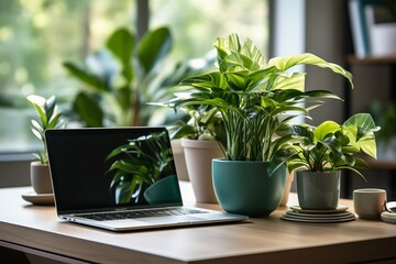 a laptop and potted plants on a table