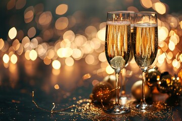 two glasses of champagne with gold glitter and ornaments
