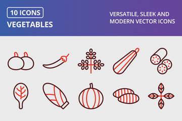 Vegetables Thick Line Two Colors Icons Set - obrazy, fototapety, plakaty