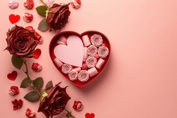 Valentine's Day concept. Top view photo of red roses heart shaped saucer with candies and giftbox on isolated pastel pink background with empty space, Generative AI