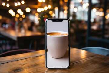 a cellphone with a cup of coffee on the screen - Powered by Adobe