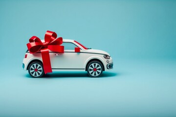 Present concept. Close up full length size photo of toy white car in with red ribbon isolated on blue background with copyspace, Generative AI