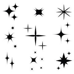 Fototapeta premium Minimalist silhouette stars icon, twinkle star shape symbols. Modern geometric elements, shining star icons, abstract sparkle black silhouettes symbol vector set 3 8 9 0
