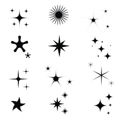 Minimalist silhouette stars icon, twinkle star shape symbols. Modern geometric elements, shining star icons, abstract sparkle black silhouettes symbol vector set 4 3 3