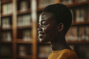 a woman smiling in front of a bookcase