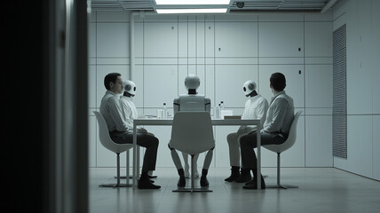 Robots and humans sitting together in a conference room