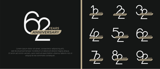 set of anniversary logo white color and brown ribbon on black background for celebration moment - obrazy, fototapety, plakaty