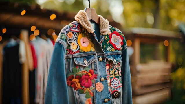 Closeup of a trendy denim jacket, embellished with embroidered patches, hanging on a rustic wooden fence in a forest.