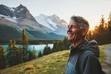 a man smiling in front of a lake