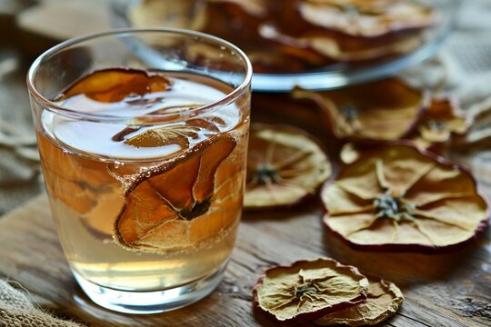 A Glass Of Liquid With Dried Fruit Slices In It