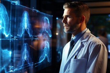 a man in a white coat looking at a x-ray image