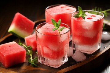 a group of glasses with watermelon and mint on a wooden tray