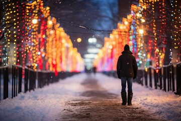a person walking on a snowy path with colorful lights - Powered by Adobe