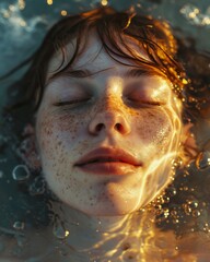 Fototapeta premium Submerged Solitude - Young Woman's Underwater Moment. In a moment of submerged solitude, a young woman's face is lit by the dappled light of a tranquil underwater world.
