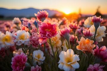 a group of flowers with the sun setting behind them