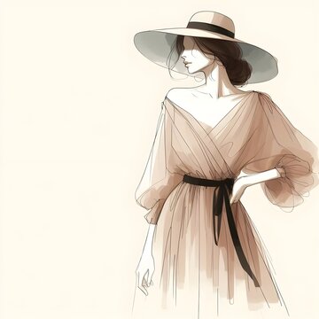 fashion, style and woman illustration. Watercolor with beige background.
