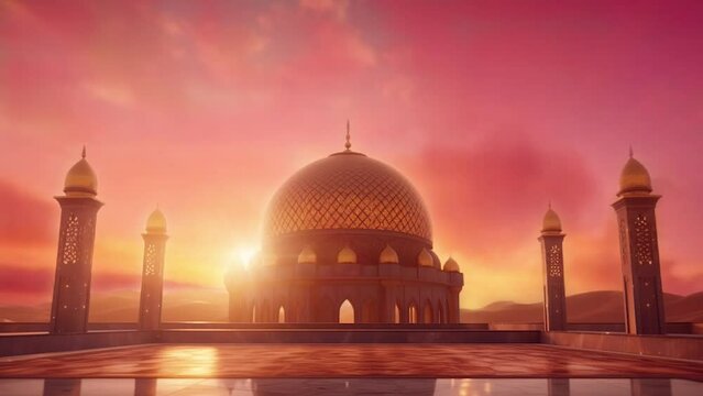  4K video of exterior mosque dome with sunset sky