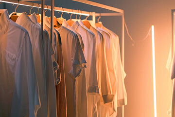 Close up of plain shirts hanging on built-in clothes racks with soft sun light, minimal fashion pastel t-shirts style concept.