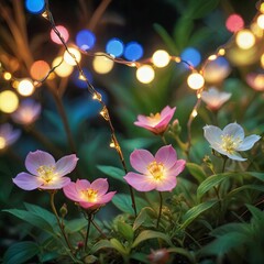 flower plant in the night garden. New Year light decoration. shallow focus. beauty closeup background. bloom fairy concept. abstract glowing wallpaper. celebration event light. colourful environment