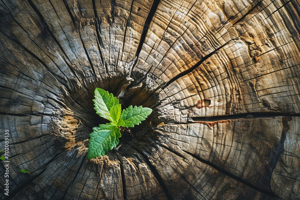 Wall mural a plant growing through a tree stump