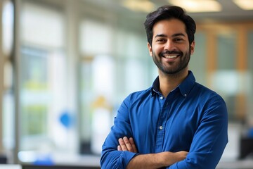 a man in a blue shirt