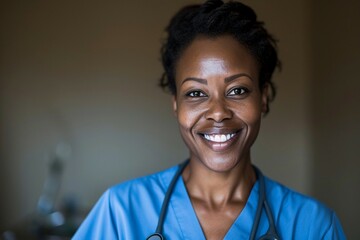 a close-up of a woman wearing a blue scrubs - obrazy, fototapety, plakaty