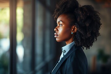 a woman in a suit looking away - Powered by Adobe