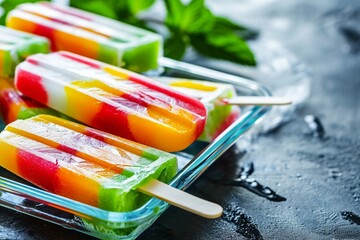 a group of popsicles in a glass dish