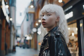 a woman with white hair and a leather jacket - Powered by Adobe