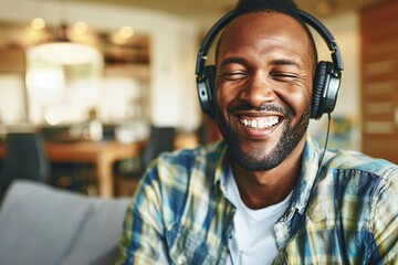 a man wearing headphones and smiling