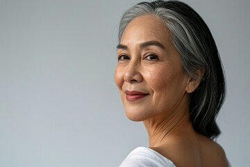 a woman with grey hair and a white shirt - obrazy, fototapety, plakaty