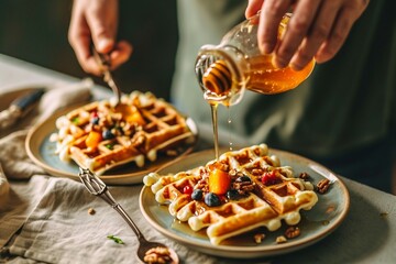 a person pouring syrup on waffles - obrazy, fototapety, plakaty