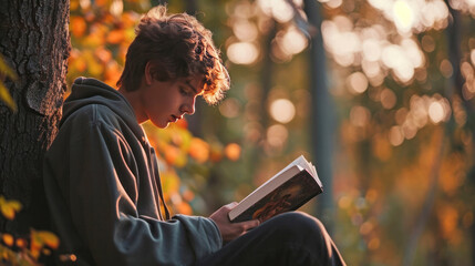 teen reading under a tree - obrazy, fototapety, plakaty