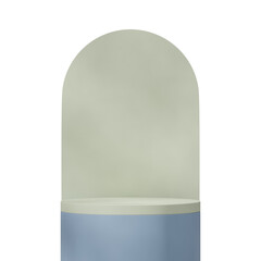 in square arch backdrop, 3d image render transparent background of sage green podium
