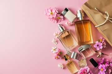 a group of perfume bottles and flowers