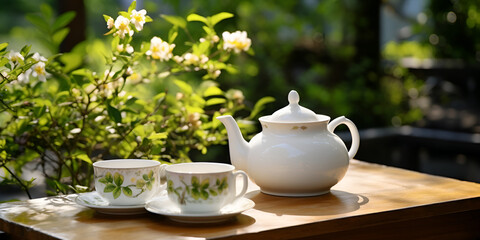 Beautiful cup tea with flowers on wooden table on background nature.AI Generative 