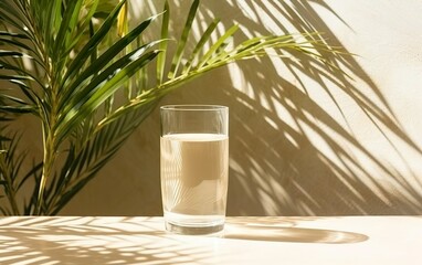 Glass of water, palms leaves. Long harsh shadows. Beige table background in sunlight. Blank business, greeting card, invitation mockup scene. Summer tropical stationery still life scene. AI Generative
