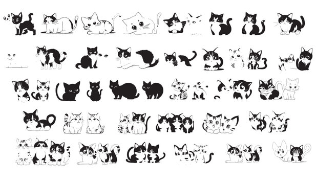 vector silhouette of a cute cat, set, collection