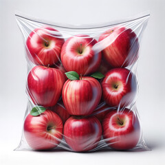 Stock photo image, Hyper realistic Fresh red Apple's in a clear bag isolated on a white background, studio light, illustration