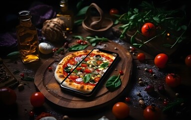 Fototapeta na wymiar illustration of pizza online with app on screen smartphone