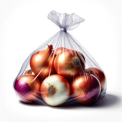 Stock photo image, Hyper realistic Fresh Onion's in a clear bag isolated on a white background, studio light, illustration
