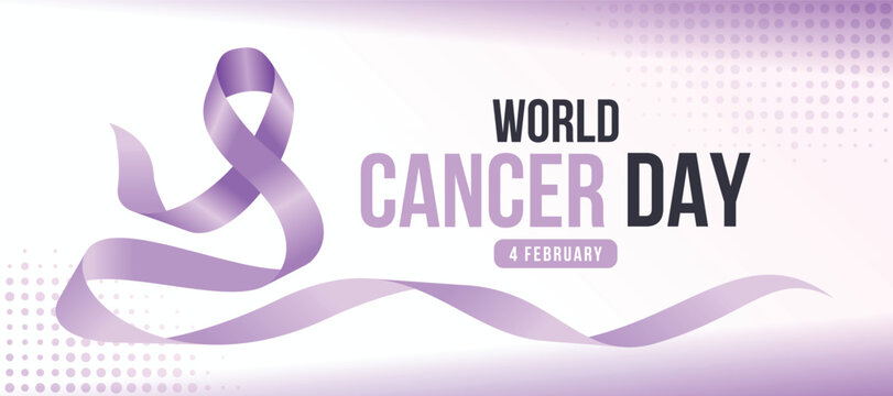 World cancer day text and lavender cancer ribbon roll waving sign on abstract dot texture vector design