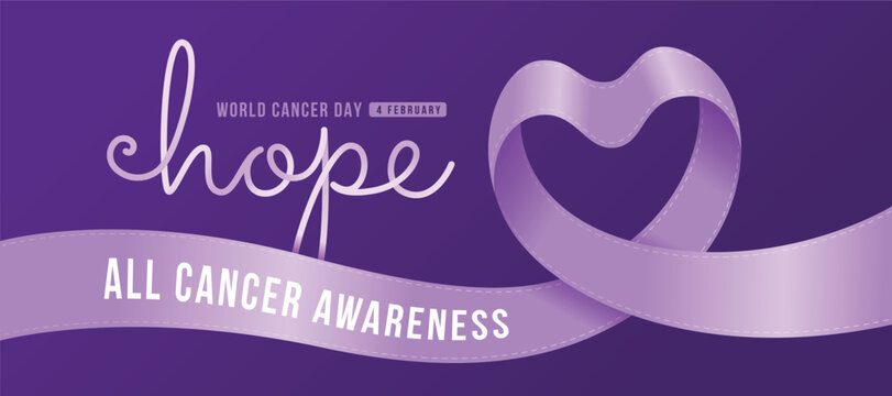 Hope, World cancer day text and lavender cancer ribbon roll waving to heart shape with all cancer awareness text on dark purple background vector design