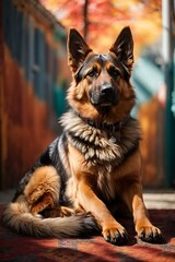 Fototapeta premium A majestic German Shepherd sits proudly on a vibrant and abstract background, its fur glistening in the sunlight.